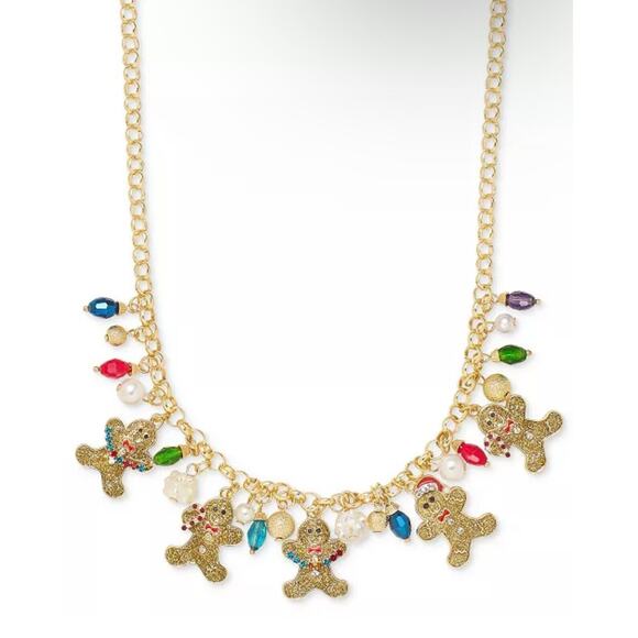 Gold Tone Faux Pearl Gingerbread Man Necklace Christmas Holiday Elegant Xmas NWT - Picture 1 of 16
